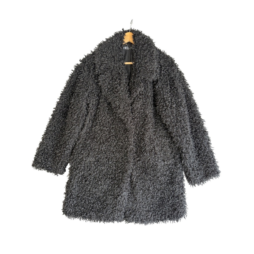 Zara Curly Faux Fur Teddy Coat Womens S Black Shaggy Textured Oversized Warm Y2K